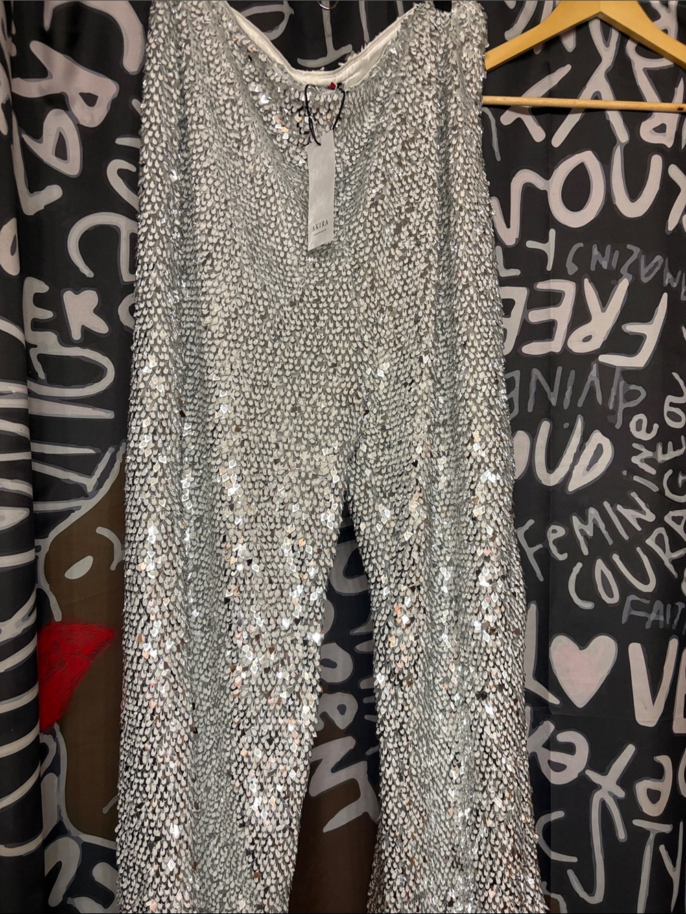 AKIRA Silver Sequin Wide-Leg Pants